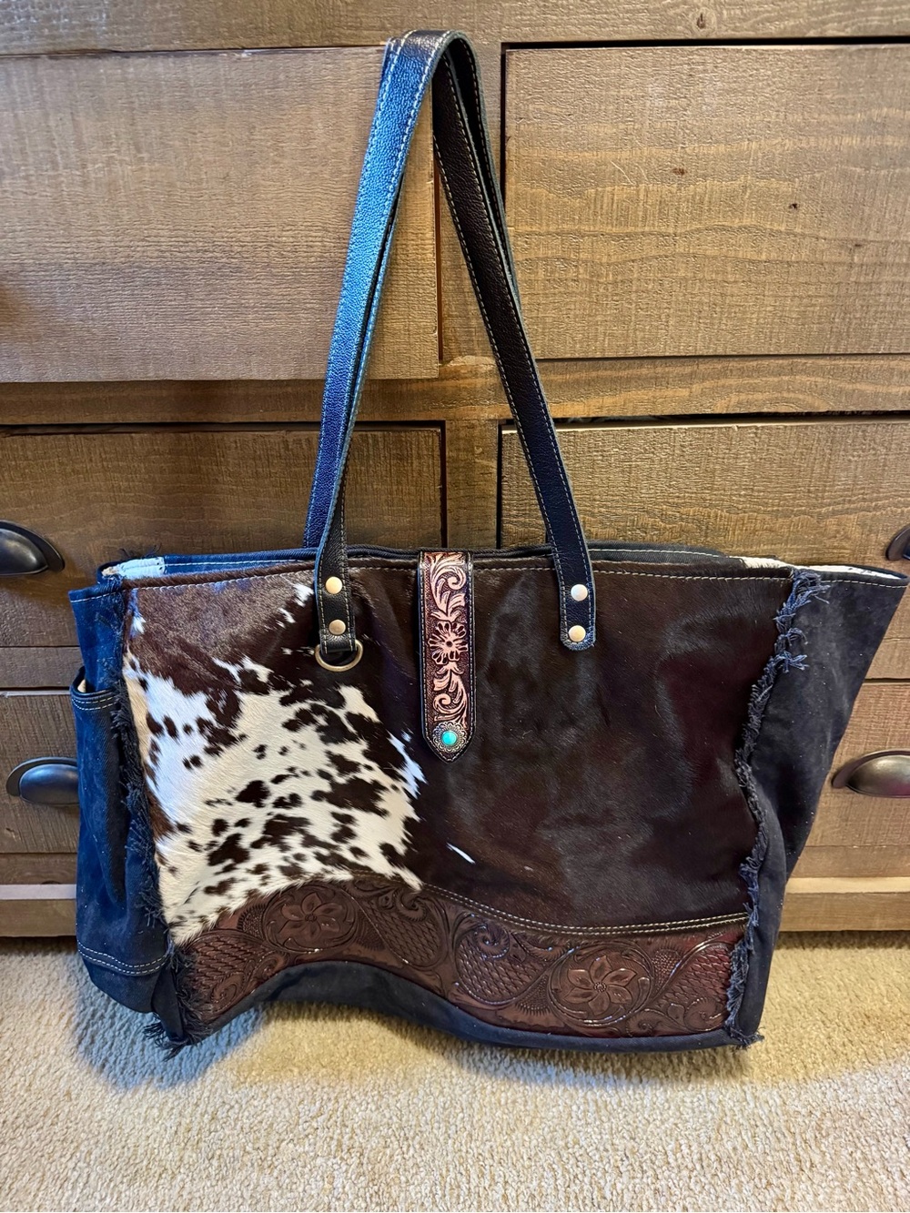 Myra Weekender Bag Brown & White Cowhide & Tooled Leather